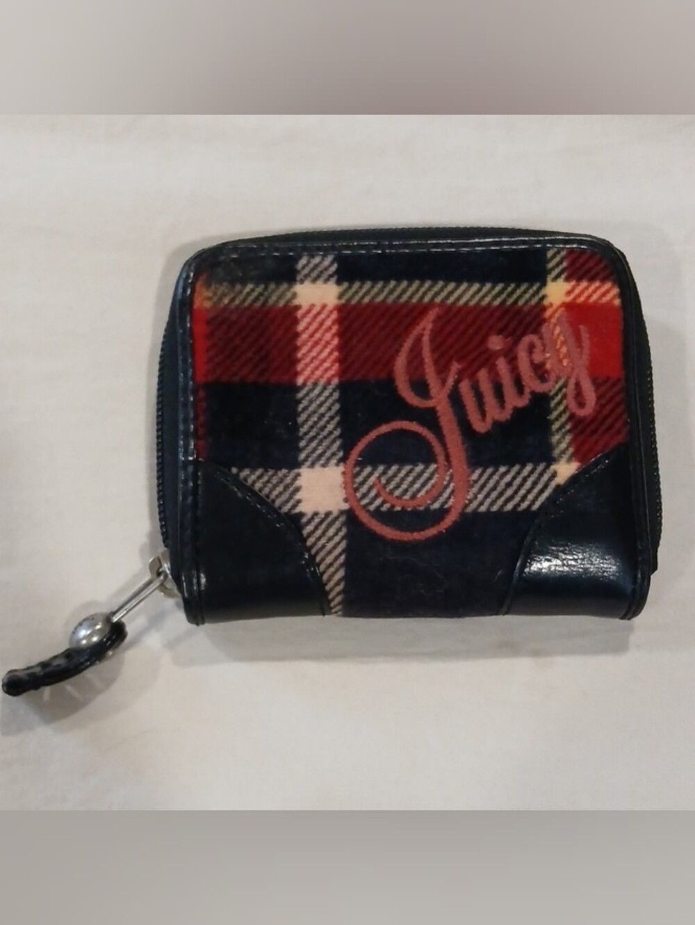 Y2K Juicy Couture red and black velour plaid zip-around wallet